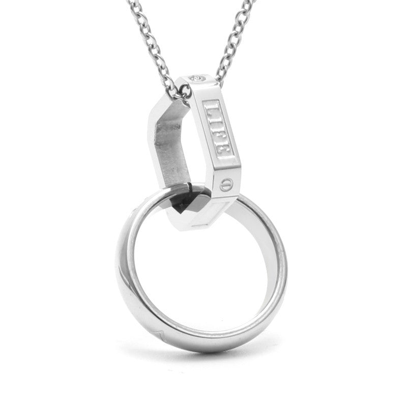 Trendy Titanium Steel Double Ring LOVE Pendant Necklace for Couples - Unisex Fashion Accessory