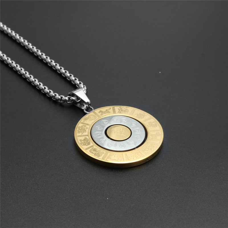Titanium Steel Zodiac Pendant Necklace for Men - Rotating Round Design Holiday Gift