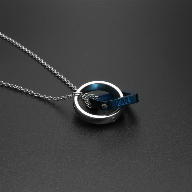 Trendy Titanium Steel Double Ring LOVE Pendant Necklace for Couples - Unisex Fashion Accessory