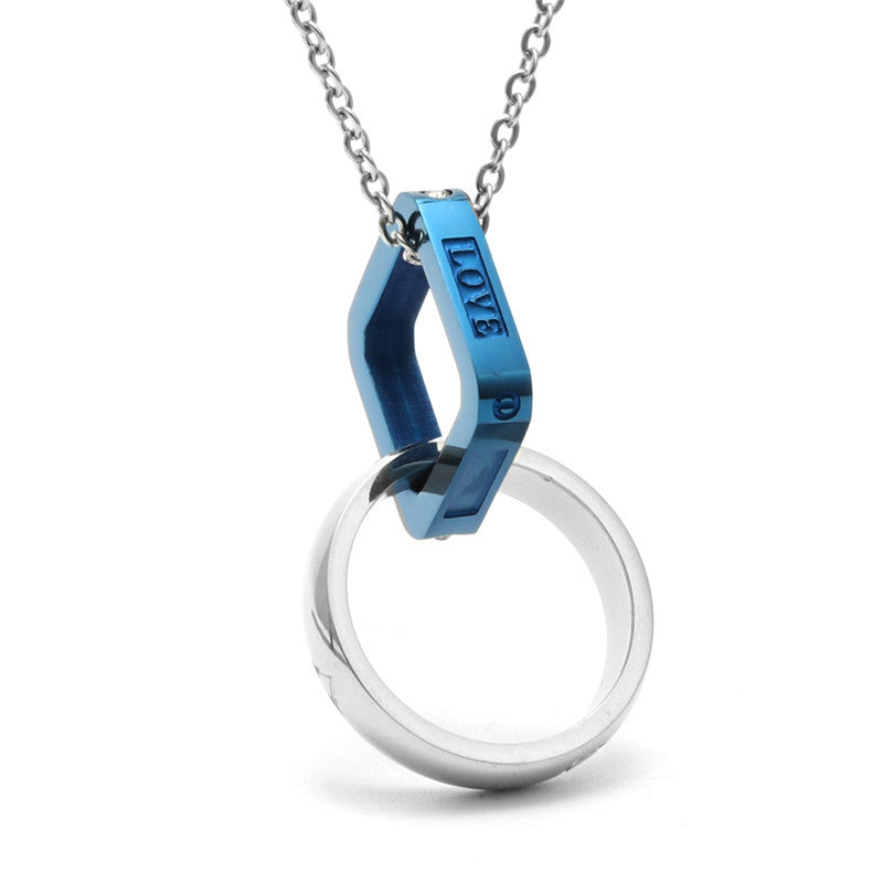 Trendy Titanium Steel Double Ring LOVE Pendant Necklace for Couples - Unisex Fashion Accessory