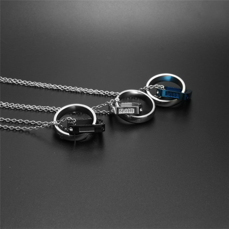 Trendy Titanium Steel Double Ring LOVE Pendant Necklace for Couples - Unisex Fashion Accessory