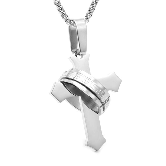 Titanium Steel Cross Pendant Necklace for Men - Stylish Holiday Gift with Stainless Steel Ring