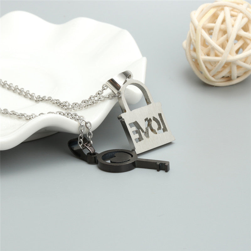 Trendy Titanium Steel Key Lock Pendant Necklace for Couples - Stylish Gift for Men and Women