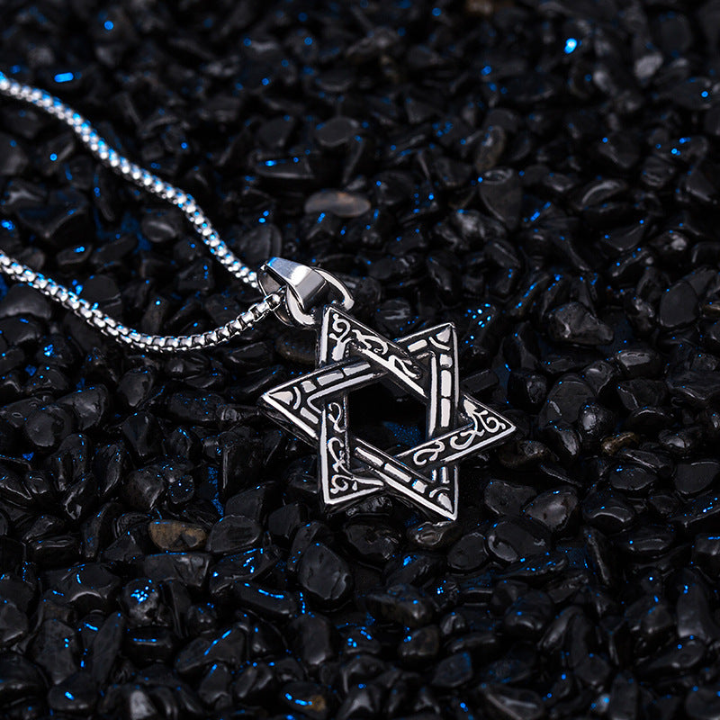 Steel Necklace - Vintage Men's Hexagram Pendant