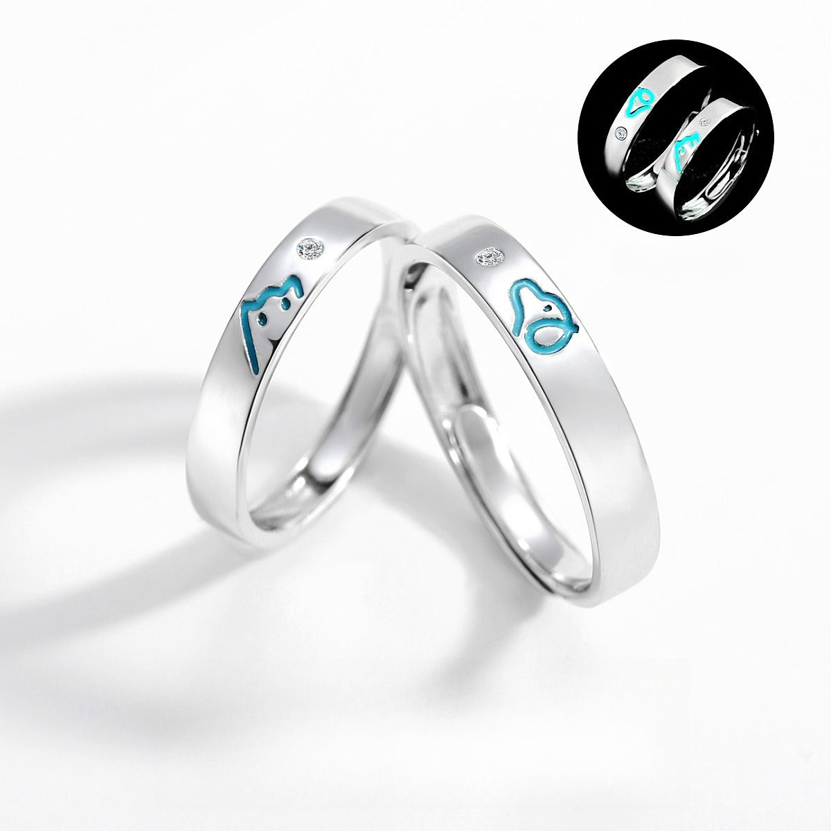 Planderful Luminous Sterling Silver Couple Ring For Pet Lovers, Glows At Night, Adjustable S925 Design