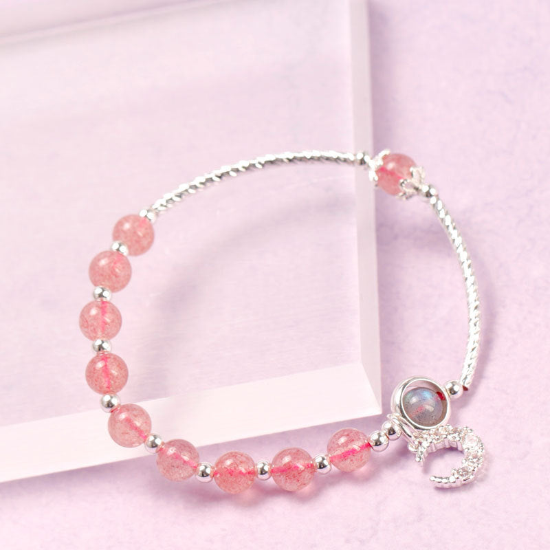 Sweet Strawberry Pink Crystal Bracelet with Sterling Silver Chain