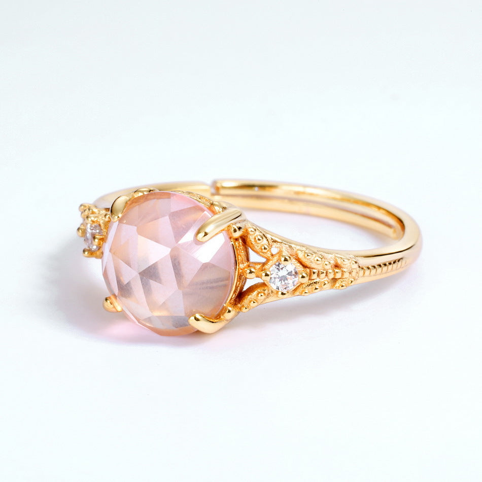 Round Cut Pink Crystal Leaf Opening Silver Ring