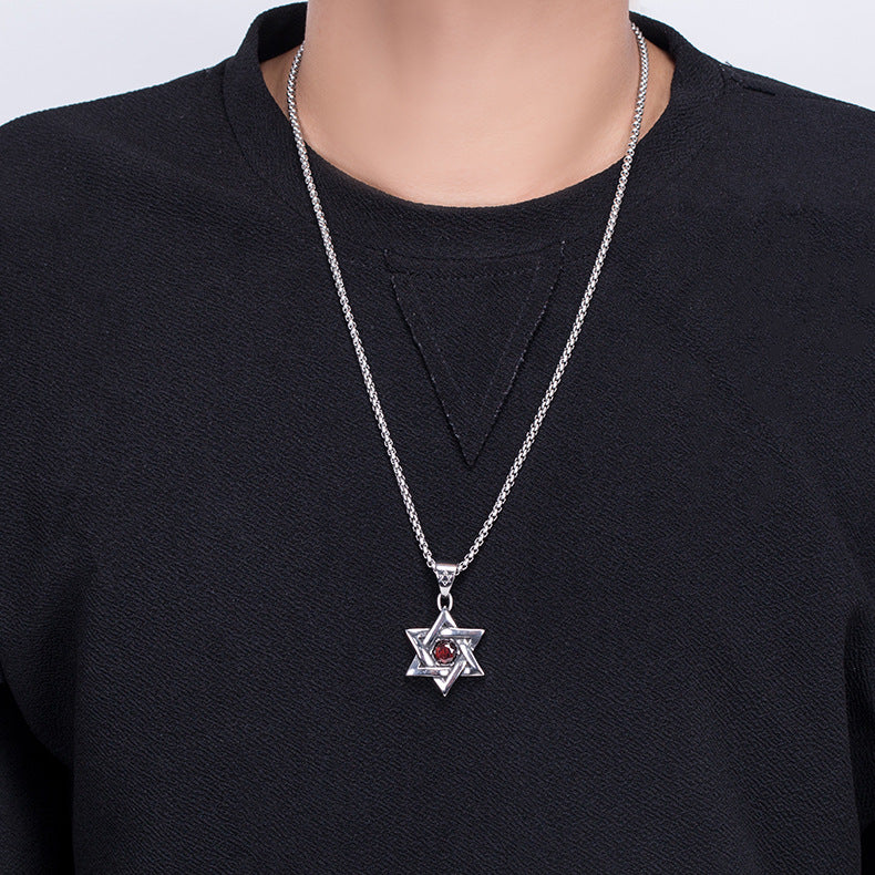 Red Zircon Necklace – Vintage Hip-Hop Hexagram Pendant Stainless Steel By Planderful