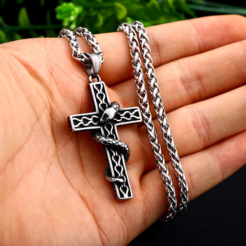 Titanium Steel Viking Cross Snake Pendant for Men - Wholesale Unique Stainless Steel Jewelry
