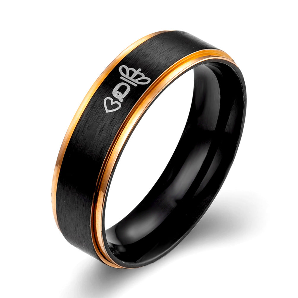 Two-Color Stainless Steel Vacuum Plating Laser Engraved Crown K Q Couple Ring