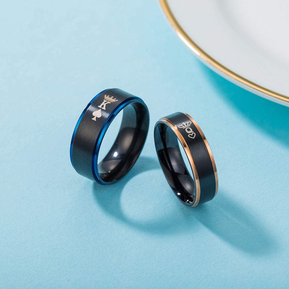 Two-Color Stainless Steel Vacuum Plating Laser Engraved Crown K Q Couple Ring