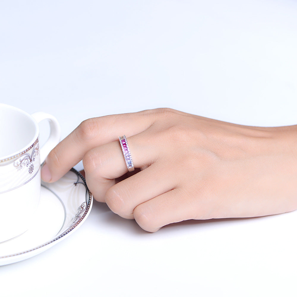 S925 Silver Micro-Inlaid Colored Square Zircon Ring, Popular Accessories Wish Hot Jewelry
