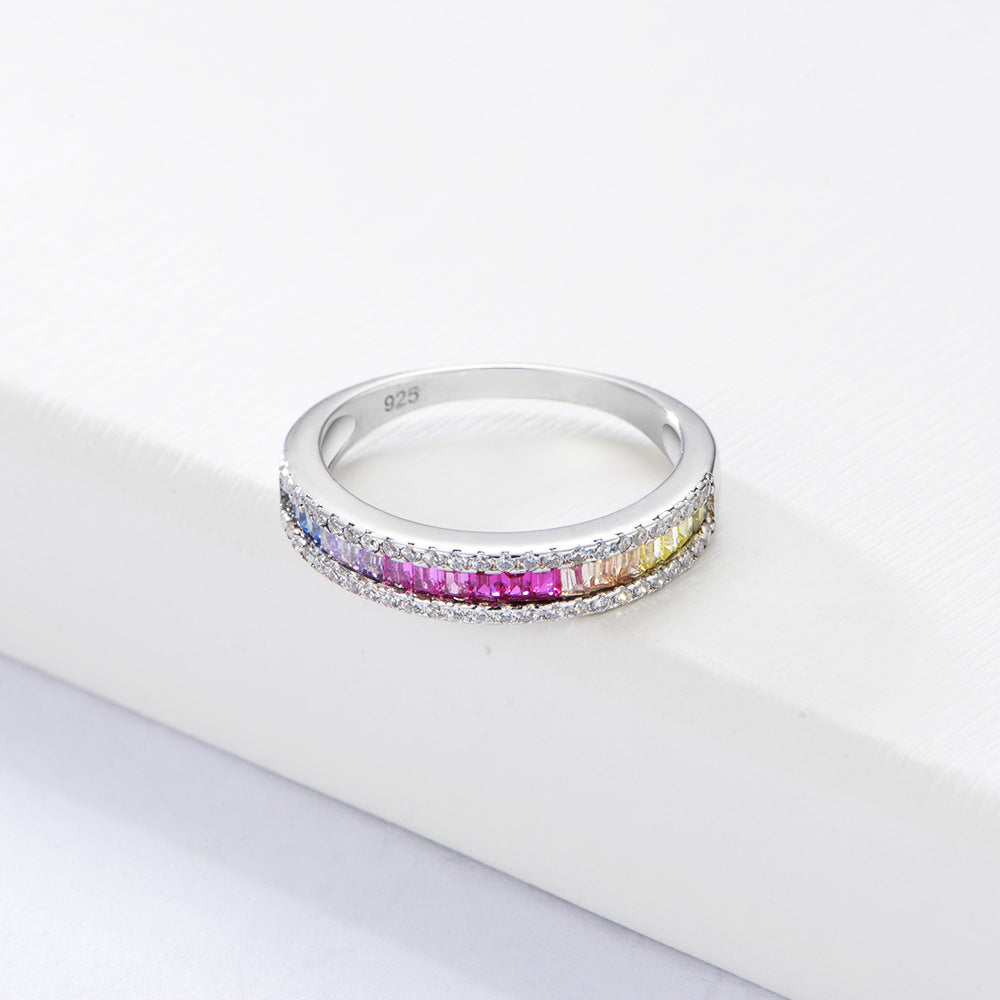 S925 Silver Micro-Inlaid Colored Square Zircon Ring, Popular Accessories Wish Hot Jewelry
