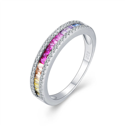 S925 Silver Micro-Inlaid Colored Square Zircon Ring, Popular Accessories Wish Hot Jewelry