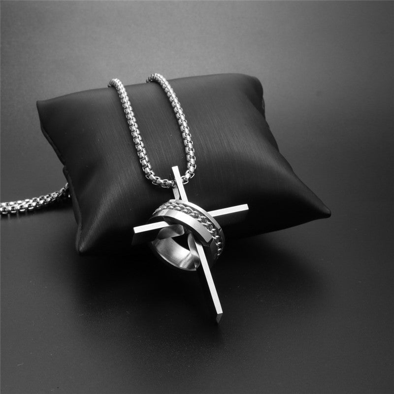 Titanium Steel Cross Pendant Necklace for Men - Stylish Holiday Gift with Stainless Steel Ring