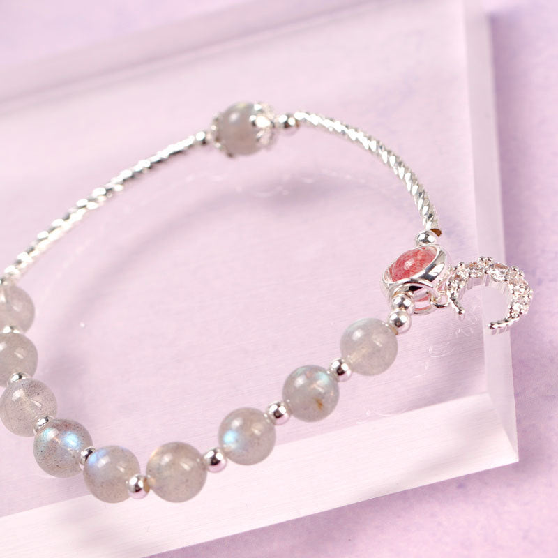 Sweet Strawberry Pink Crystal Bracelet with Sterling Silver Chain