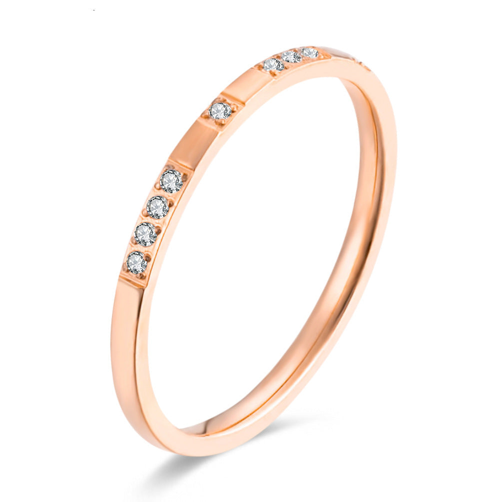 2mm Zircon Rose Gold Stainless Steel Ring for Women