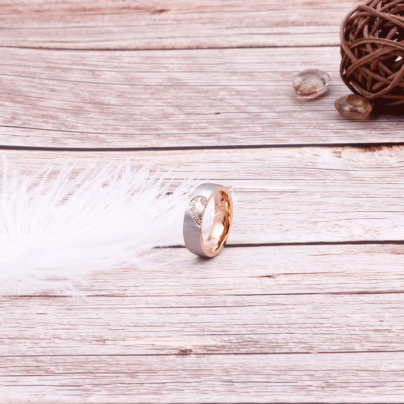 New Titanium Steel Heart-Shaped Couple Ring with Zircon for Cross-Border Jewelry Supply