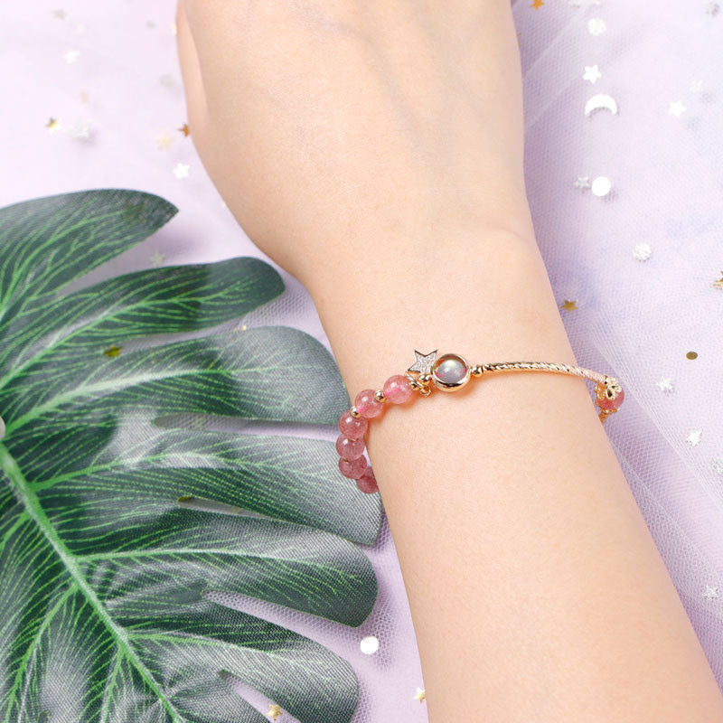 Sweet Strawberry Pink Crystal Bracelet with Sterling Silver Chain