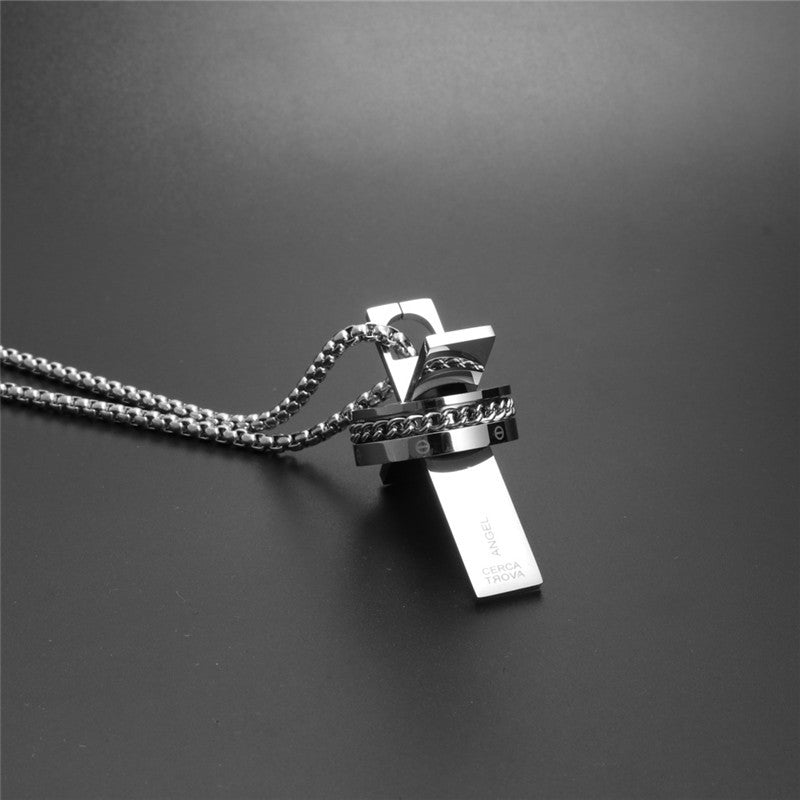 Titanium Steel Cross Pendant Necklace for Men - Stylish Holiday Gift with Stainless Steel Ring