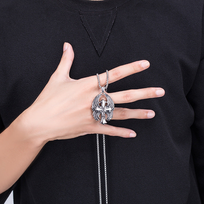 Steel Necklace – Elegant Men's Angel Wings Cross Pendant Trend Necklace For Everyday Casual Wear