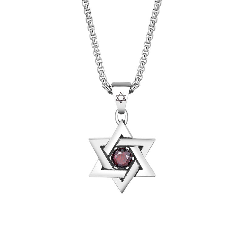 Red Zircon Necklace – Vintage Hip-Hop Hexagram Pendant Stainless Steel By Planderful