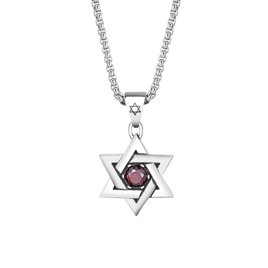 Red Zircon Necklace – Vintage Hip-Hop Hexagram Pendant Stainless Steel By Planderful