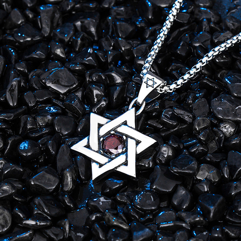 Red Zircon Necklace – Vintage Hip-Hop Hexagram Pendant Stainless Steel By Planderful