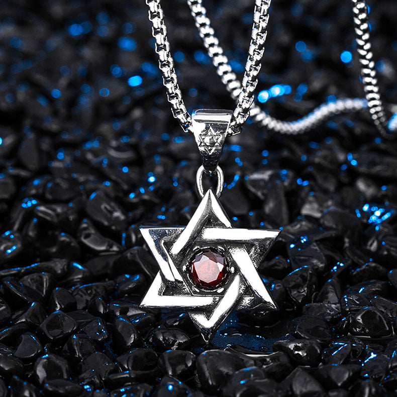 Red Zircon Necklace – Vintage Hip-Hop Hexagram Pendant Stainless Steel By Planderful