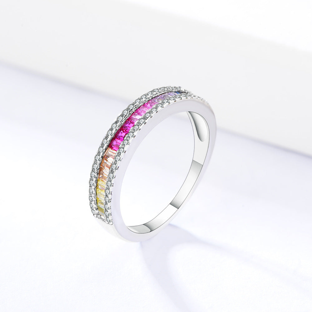 S925 Silver Micro-Inlaid Colored Square Zircon Ring, Popular Accessories Wish Hot Jewelry