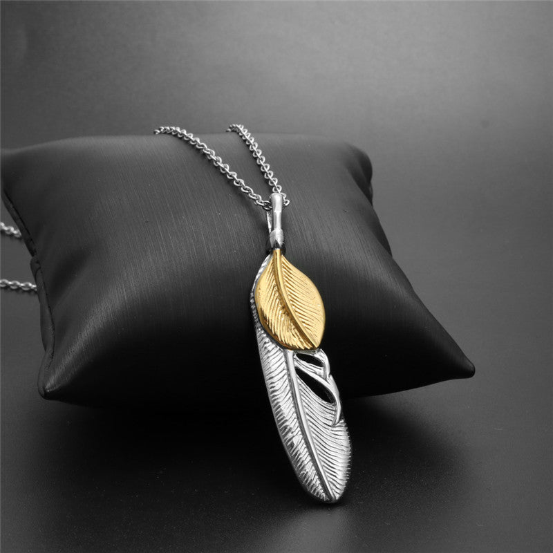 Titanium Steel Feather Pendant Necklace for Men - European and American Style Holiday Gift