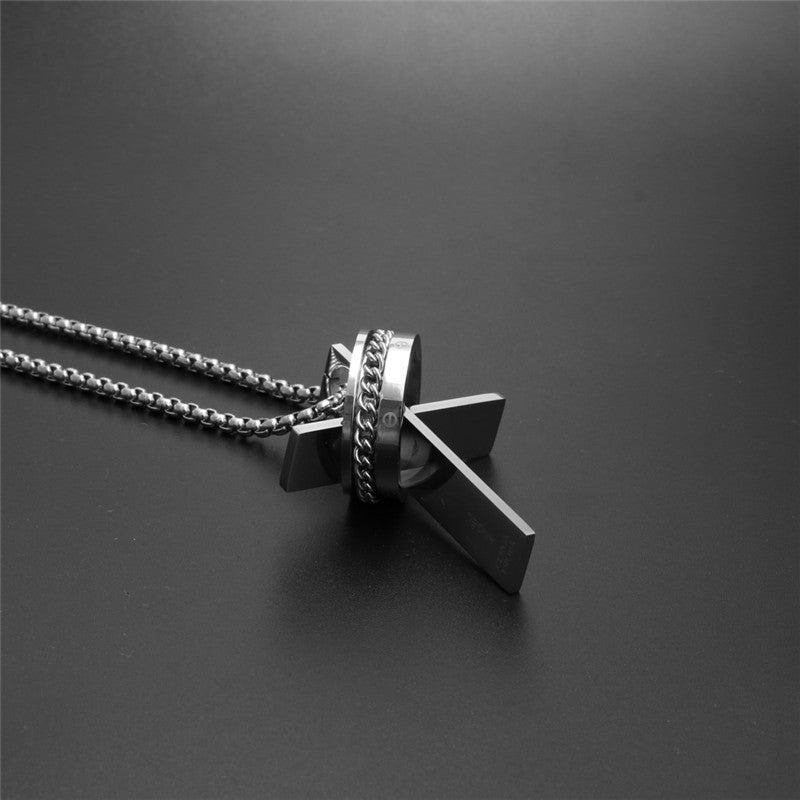Titanium Steel Cross Pendant Necklace for Men - Stylish Holiday Gift with Stainless Steel Ring