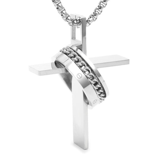 Titanium Steel Cross Pendant Necklace for Men - Stylish Holiday Gift with Stainless Steel Ring