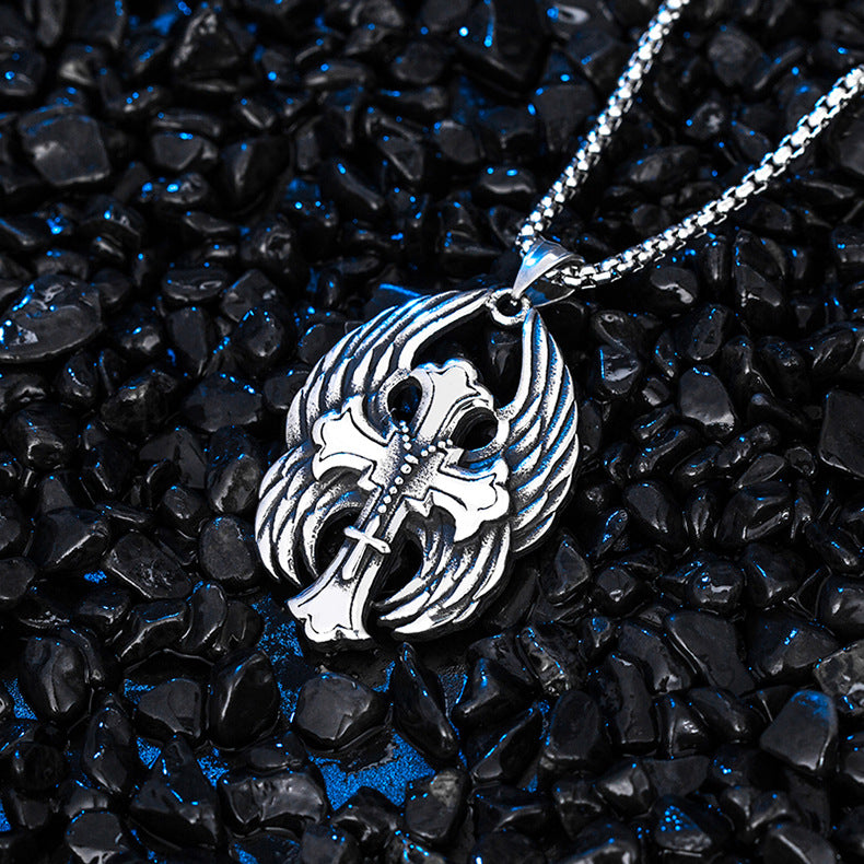 Steel Necklace – Elegant Men's Angel Wings Cross Pendant Trend Necklace For Everyday Casual Wear