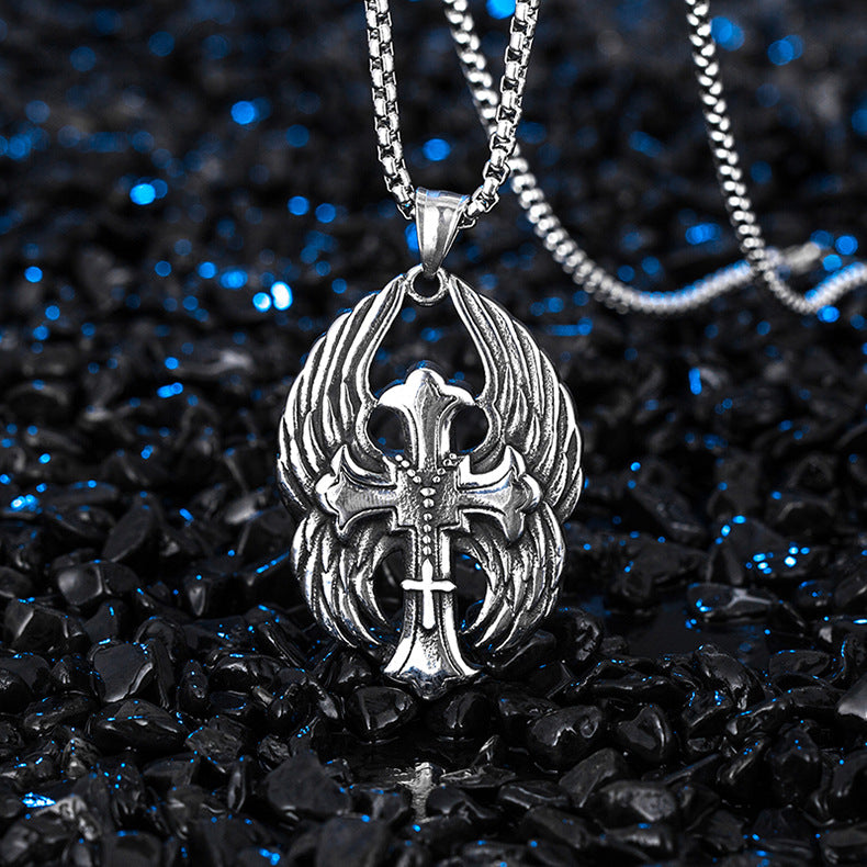 Steel Necklace – Elegant Men's Angel Wings Cross Pendant Trend Necklace For Everyday Casual Wear