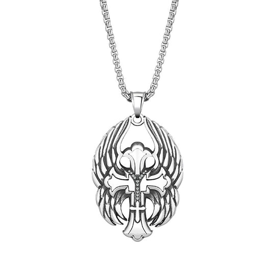Steel Necklace – Elegant Men's Angel Wings Cross Pendant Trend Necklace For Everyday Casual Wear