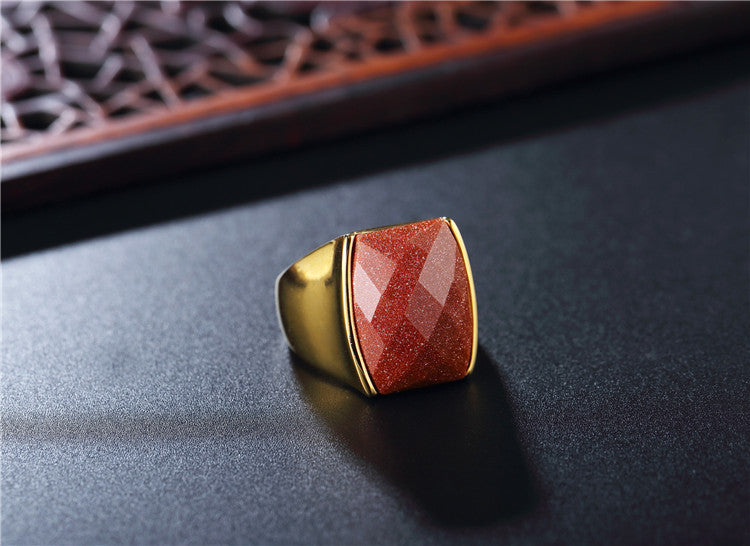 Planderful Gold Plated Ring Titanium Steel With Sand Stone Unisex Protection Statement Jewelry For European American Fans