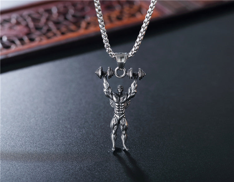 Titanium Steel Gym Barbell Pendant Necklace for Unisex Men and Women by Planderful Everyday Genie