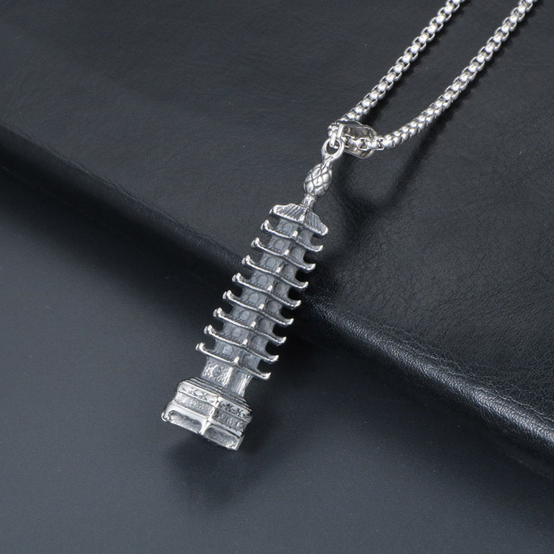 Vintage Custom Pagoda Men's Necklace, Stylish Antique Titanium Steel Pendant, Unique Men's Jewelry