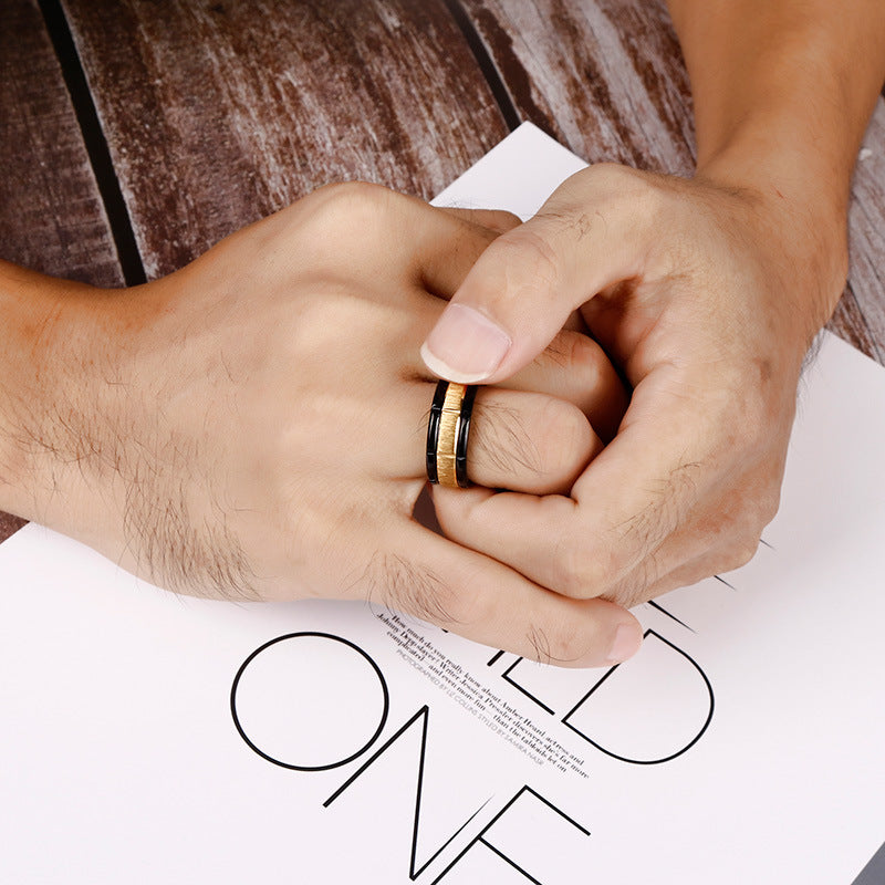 Stylish Two-Tone Black and Gold Titanium Steel Rings for Men and Women - Personalized Brushed Finish, Factory Direct Sales