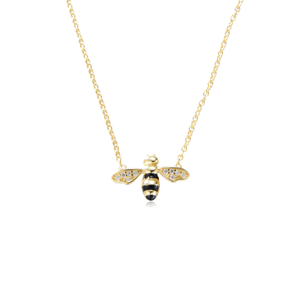 S925 Sterling Silver Hand-Painted Oil Drop Inlaid Zircon Bee Necklace