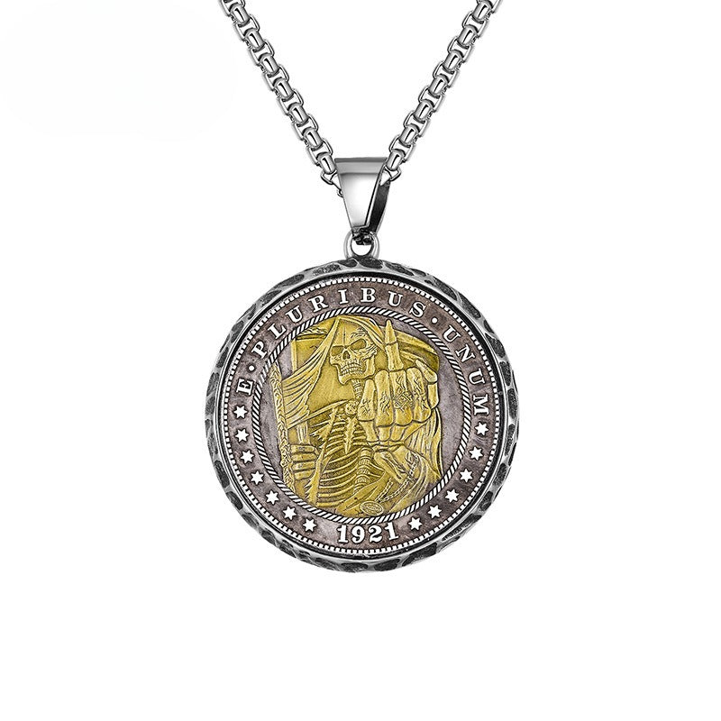 Stainless Steel Necklace - Statement Skull Disc Pendant With Mahjong Coin Charm Limited Edition