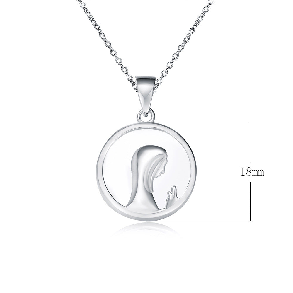 S925 Silver Natural White Shell Religious Prayer Necklace Virgin Mary Portrait Pendant