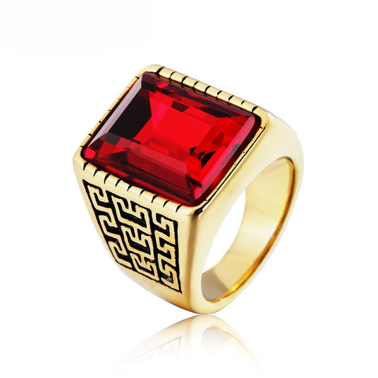 Planderful Titanium Steel Ring With Zircon Great Wall Pattern For Men Unisex Protection Statement Jewelry