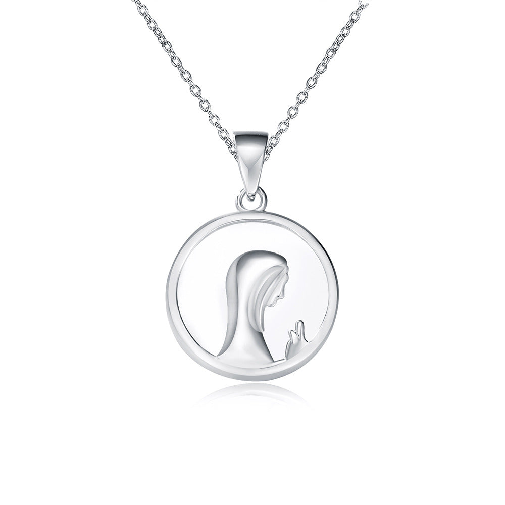 S925 Silver Natural White Shell Religious Prayer Necklace Virgin Mary Portrait Pendant
