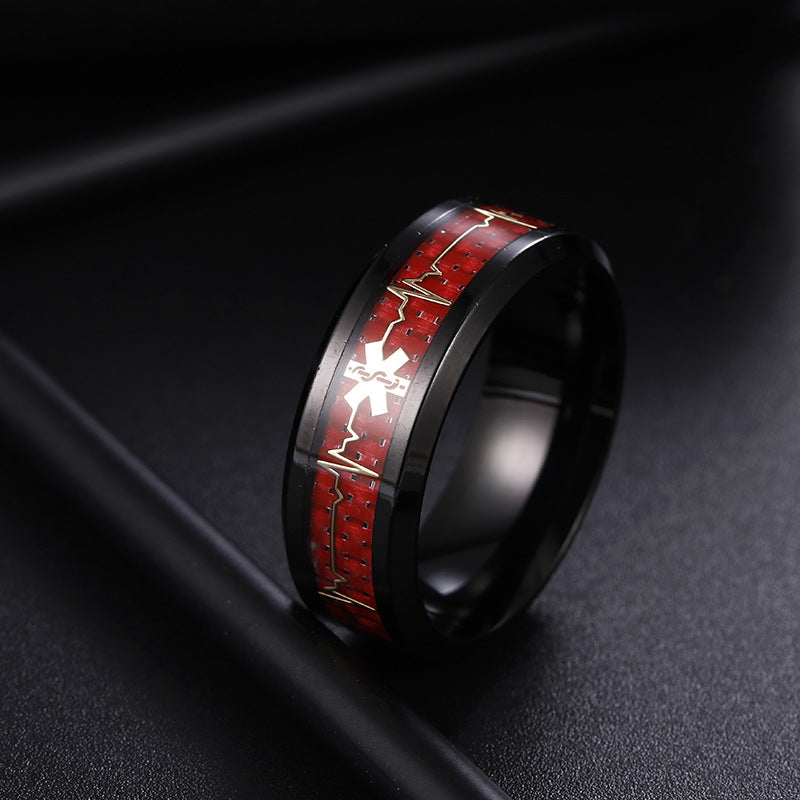 Red Carbon Fiber Titanium Steel Ring with Medical Logo - Heart of Life Design for Men