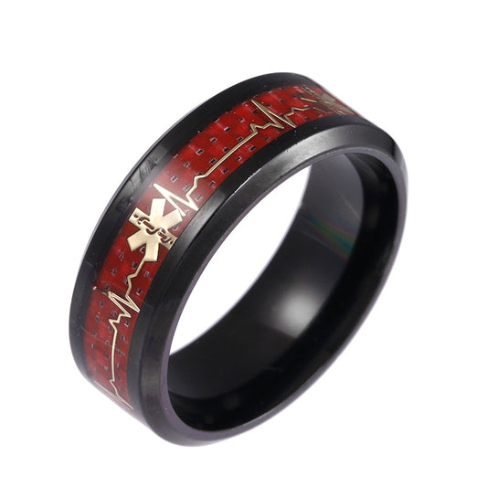 Red Carbon Fiber Titanium Steel Ring with Medical Logo - Heart of Life Design for Men