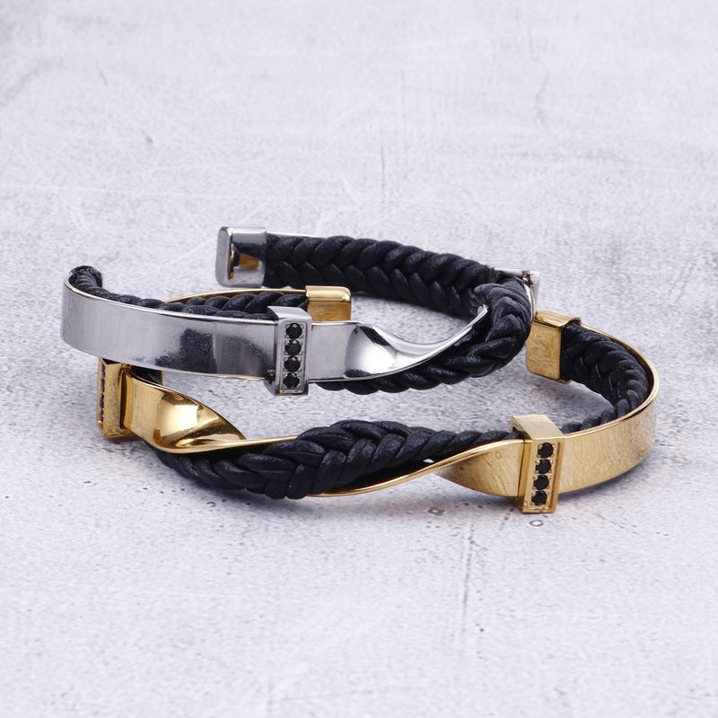 Stainless Steel Leather Bracelet – Titanium Steel Unisex Zircon-Inlaid Bracelet Open