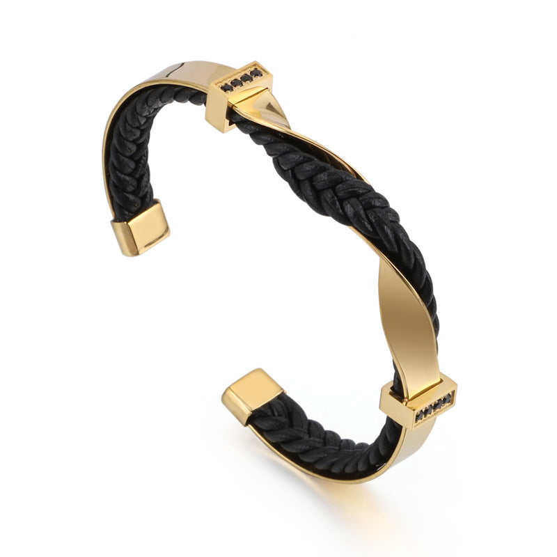 Stainless Steel Leather Bracelet – Titanium Steel Unisex Zircon-Inlaid Bracelet Open