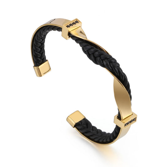 Stainless Steel Leather Bracelet – Titanium Steel Unisex Zircon-Inlaid Bracelet Open